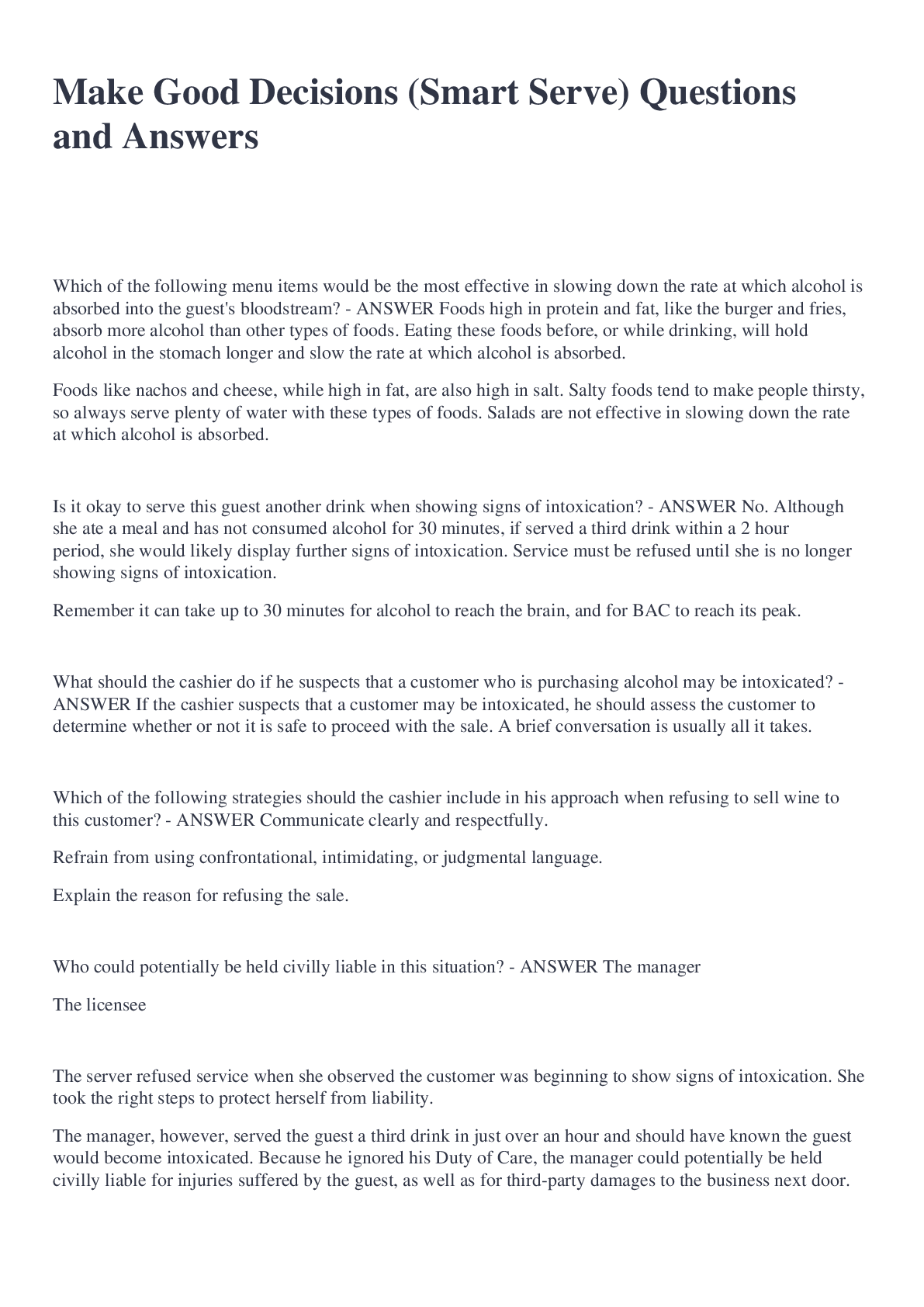 Preview image for Make Good Decisions (Smart Serve) Questions and Answers